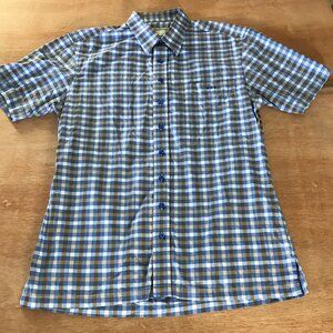Andy Mohan Shirt Men L Blue Plaid Button Down Pocket Collared Short Sleeve
